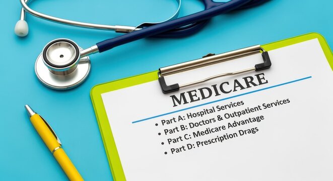 Medicare Enrollment Information on Clipboard with Stethoscope and Pen on Blue Background for Healthcare Professionals