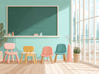 Vibrant educational space with multicolored pastel chairs arranged around tables near floor-to-ceiling windows creating bright airy atmosphere for collaborative learning activities.