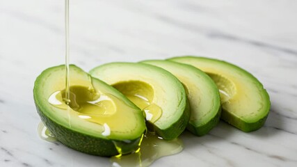Fresh avocado halves on a white marble surface with healthy oil drizzling