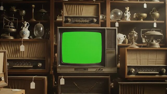 Vintage television with a blank green screen in a nostalgic antique shop, a retro window for your message.