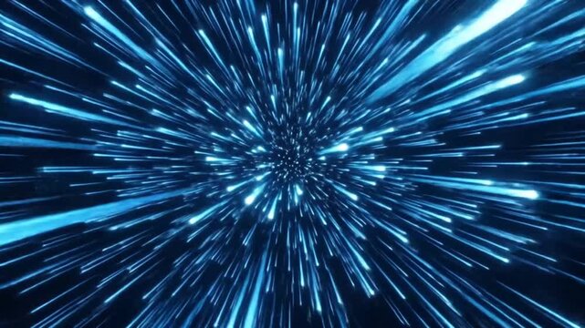 Abstract blue light lines expanding from the center on a dark background, creating a dynamic hyper-speed starburst effect, representing warp speed or data flow.