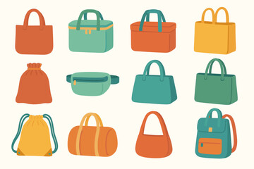 Bag and backpack flat icon set. stylish bags, packs, and travel accessories collection