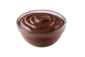 Delicious chocolate cream in glass bowl, swirled texture, isolated on white transparent background