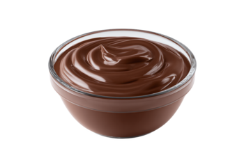 Delicious chocolate cream in glass bowl, swirled texture, isolated on white transparent background