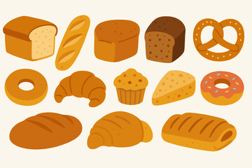 Bakery and pastry flat icon set. bread, sweets, croissant, donut, pretzel icons collection