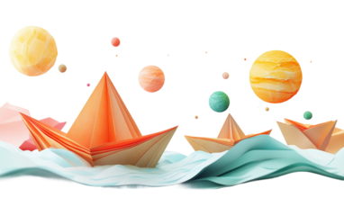 Creative depiction of folded paper boats changing into illuminated lantern shapes isolated on transparent background PNG