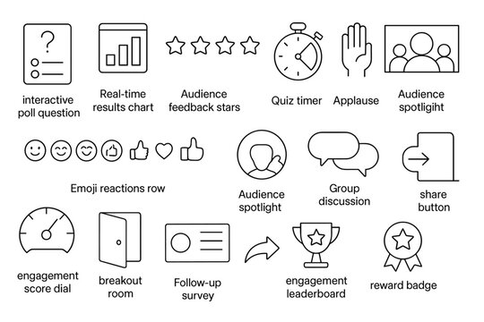 Interactive poll, feedback stars, quiz timer icon set: audience engagement outline style