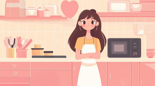 A charming 2D anime girl streams from her pink kitchen, spreading love on Valentines Day in a delightful cartoon style.