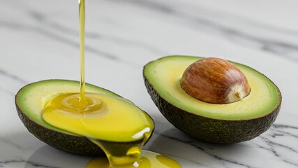 Healthy avocado oil poured into fresh ripe avocado on white marble