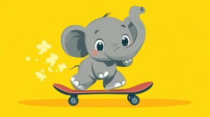 A playful grey elephant shows off its skateboarding skills with quirky tricks on a skateboard in a fun 2D style.