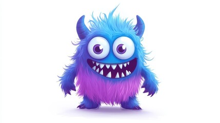 Naklejka premium Adorable 2D cartoon monster with vibrant hair and soft fur, designed in a modern flat style with unique textures.