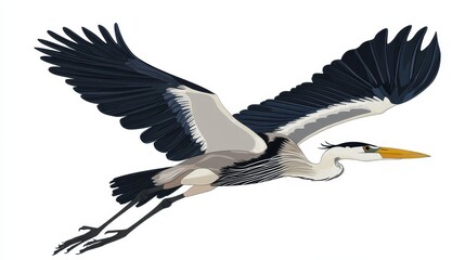 Fototapeta premium Delight in the whimsy of a cute heron with wide wings, flying joyfully in a charming 2D cartoon style illustration.