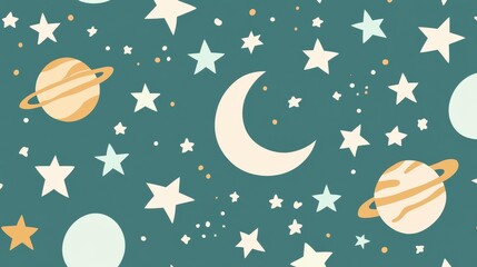 This charming celestial pattern features soft colors and playful illustrations of stars and planets, perfect for kids nurseries.