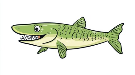 Fototapeta premium Dive into a fun world with a cute cartoon pike, smiling wide, showcasing its sharp teeth in a playful 2D design.