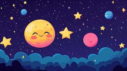 Fototapeta premium Adorable cartoon planets and stars come together in a playful print design, perfect for space enthusiasts and children.