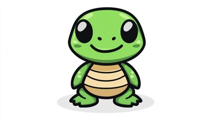 Fototapeta premium A charming cartoon turtle smiles at the camera, radiating joy with its cute design and vibrant green color in 2D art.