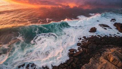 Top-Down View of a Dynamic Ocean with Crashing Waves, Nature's Fury A Powerful Ocean Swell Breaks on Rocky Shore, Golden Hour Over a Turbulent Seascape with White Foam, Aerial View of a Rugged