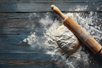 Rolling Pin and Dough on Rustic Wooden Surface with Flour Dust for Baking and Culinary Arts Inspiration