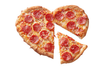 Heart-shaped pepperoni pizza with a slice removed, isolated on white transparent background