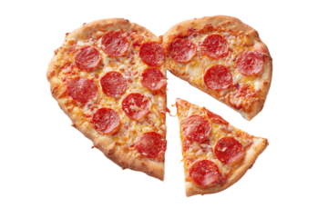 Heart-shaped pepperoni pizza with a slice removed, isolated on white transparent background