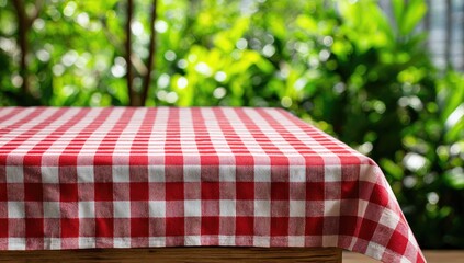 Red and white checkered tablecloth on a wooden table outdoors.