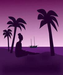 A woman sits between palm trees, looking out over the sea, at night.
