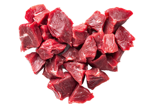 Raw Beef Cubes in Heart Shape isolated on white transparent background