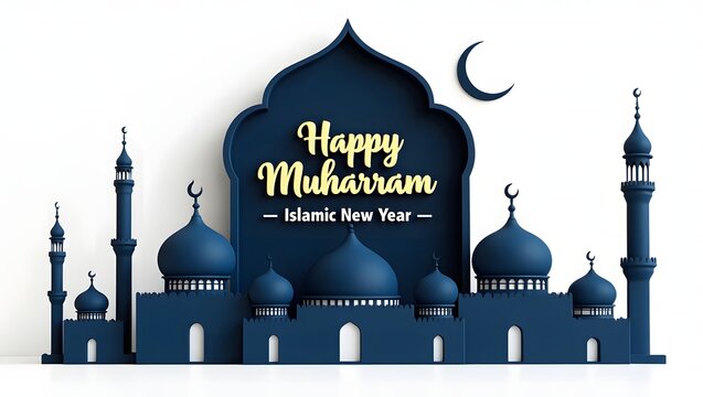 Happy Muharram A graphic design render of Islamic New Year with intricate silhouette in 3D - Powered by Adobe