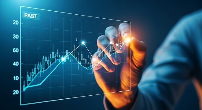 Trend analysis concept. A holographic line graph shows past data, and a hand draws a trendline over it to predict future performance.