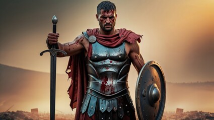 A fierce Roman gladiator stands ready for battle, covered in blood and wielding a sword and shield.