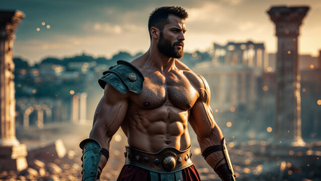 A strong gladiator stands ready in Roman armor, in an ancient landscape.