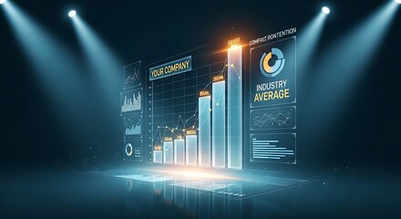 Benchmarking concept. A holographic bar chart compares the company's performance ("Your Company") against the industry average.