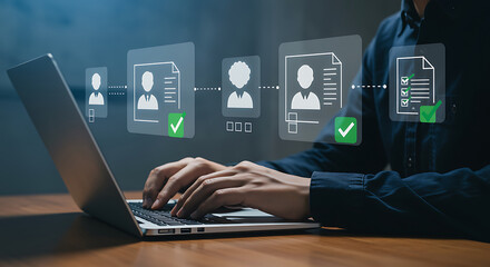 A person is using a laptop for digital document management, showing user profiles and data processing for online business and human resources