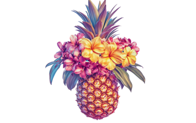 Floating pineapple crown blossoming into a beautiful bouquet of vibrant tropical flowers isolated on transparent background PNG
