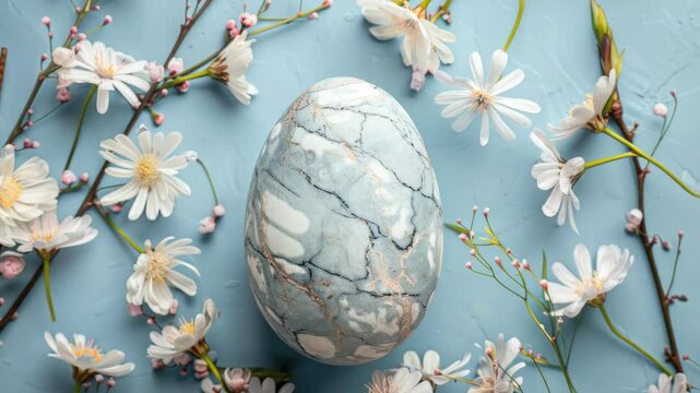 Egg decorated in pebble pattern resting on branches of cherry blossoms. A minimalist, vibrant depiction of spring and nature's artistry.