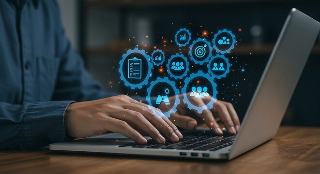 A person is typing on a laptop with digital icons floating above the keyboard, representing business planning, strategy, and team collaboration for achieving goals and success
