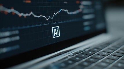 A closeup on a monitor displaying a graph depicting compliance metrics while an AI icon hovers over the keyboard analyzing data for potential errors in realtime.