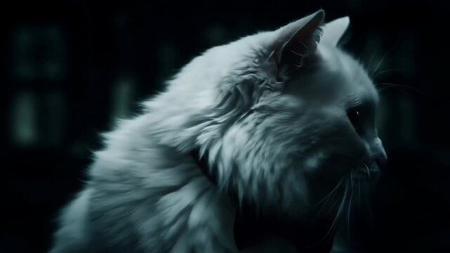 Closeup of a Majestic White Cat Looking Around in Low Light with Dark Background.