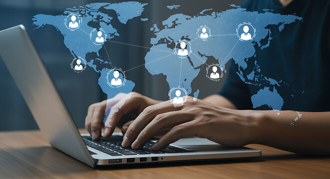 Global network and connection concept, hand typing on laptop with world map and people icon for social media, digital communication, and worldwide community