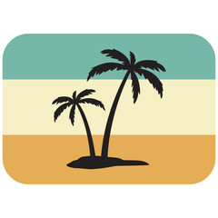 Minimalist vector illustration of two palm trees on a small island with a retro sunset background in teal, cream, and orange tones. Tropical beach design perfect for summer, vacation, and travel theme