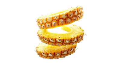 Surreal pineapple gracefully dividing into luminous slices with vibrant juicy textures isolated on transparent background PNG