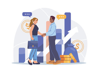 Two business people shaking hands in front of rising bar charts, gold coins, and money bag on a white background. Concept of partnership and financial success. Vector illustration