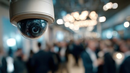 Focused medium shot of a sleek AIdriven security cam capturing a gathering with blurred ushers interacting in the background as the system flags overcrowding in real time.