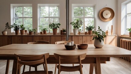 Fototapeta premium Minimalist Scandinavian Style Dining Room with Wooden Furniture