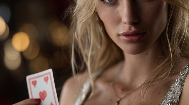 Portrait of a beautiful woman showing cards