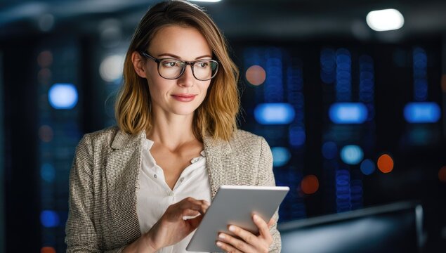 Focused businesswoman using a tablet in a server room. - Powered by Adobe