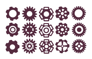 Set of sixteen mechanical gear shapes in dark color, flat graphic style on white background. Concept of engineering, machinery, industry. Vector illustration