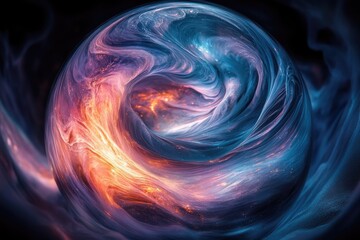 Fototapeta premium Swirling cosmic sphere with vibrant orange, pink, and blue nebulae, suggesting galaxy formation and space exploration.