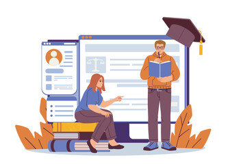 Two students studying online with books and screens, flat cartoon style, white background. Concept of online education and academic development. Vector illustration