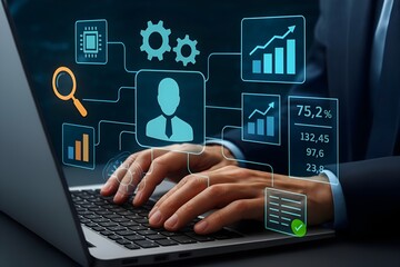 AI automation and API automation. Data transfer through system integration. Intelligent process automation technology solutions. Businessman using laptop computer for managing automation technology.